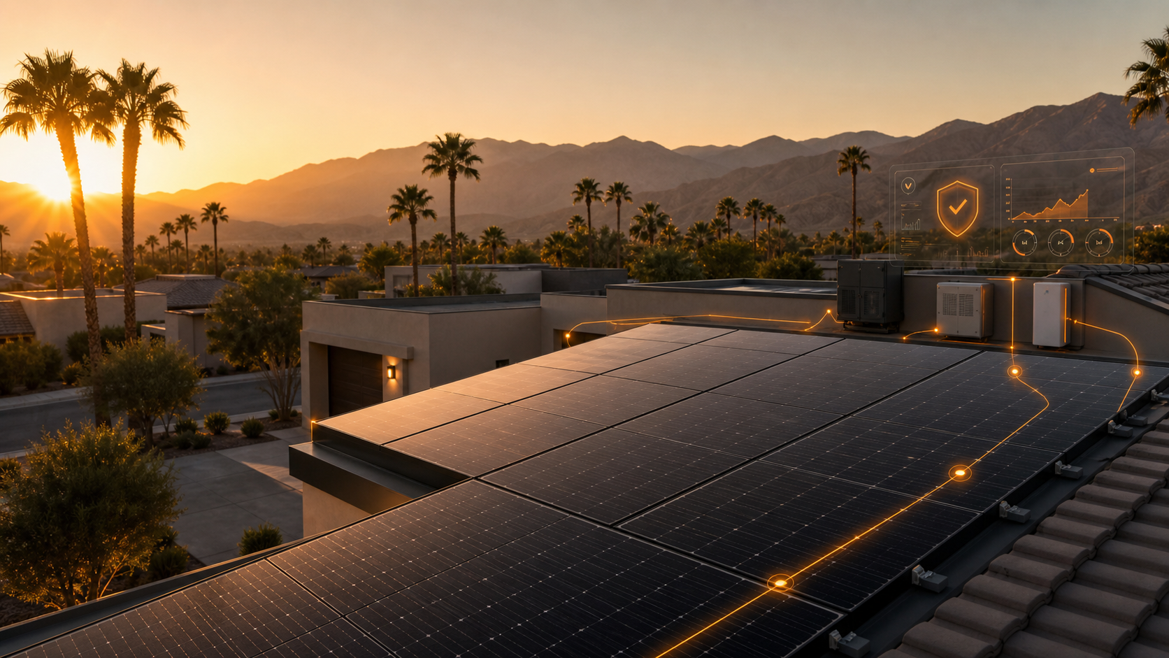 Rooftop solar and home energy equipment overlooking the Coachella Valley at sunset