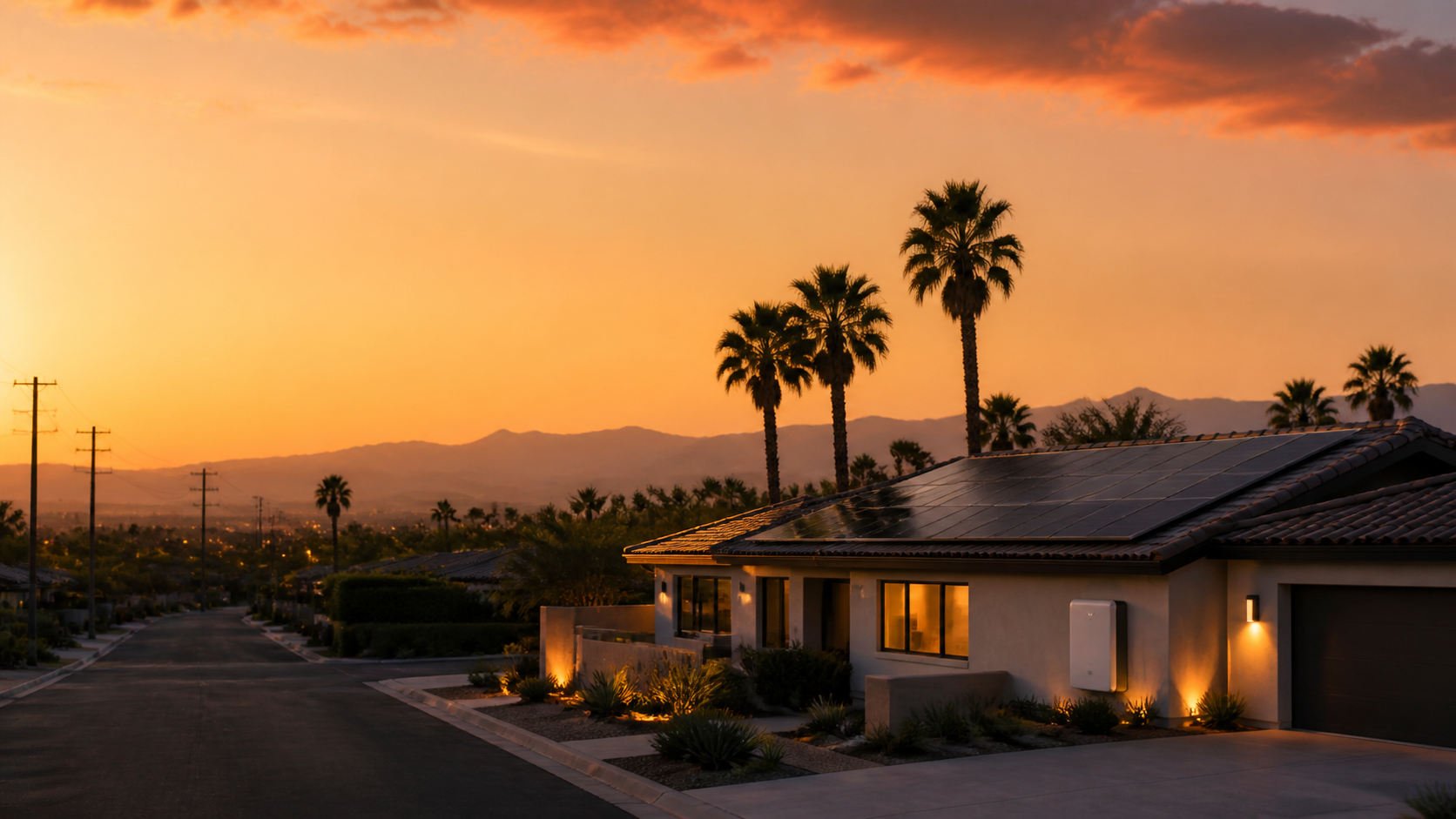 A solar-powered home at dusk with battery backup ready for an outage