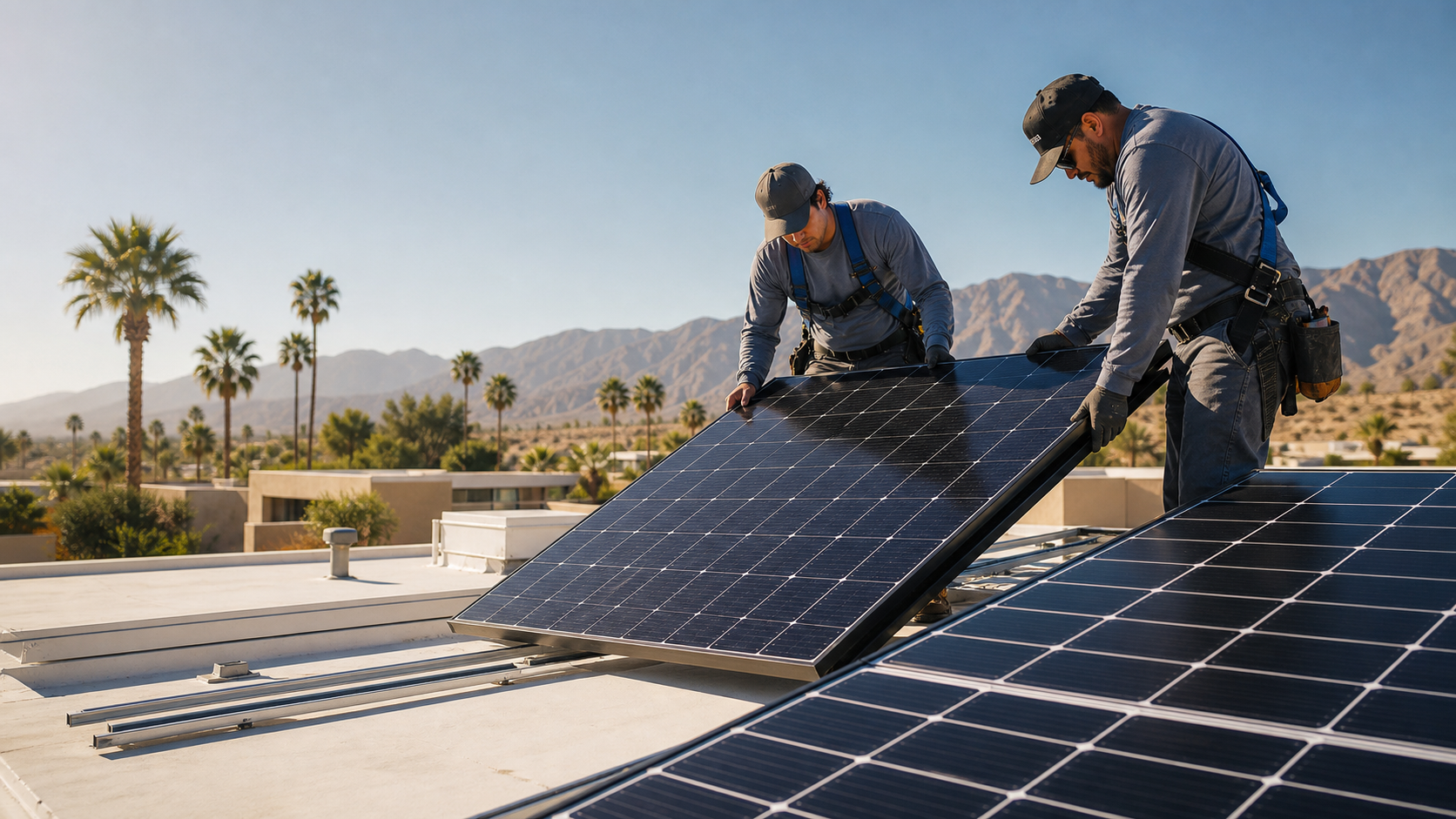 Mycrogrid installers positioning rooftop solar panels in the Coachella Valley