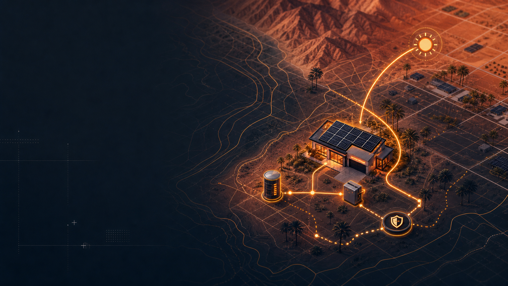 An illustrated home microgrid showing solar, battery storage, and protected energy flow