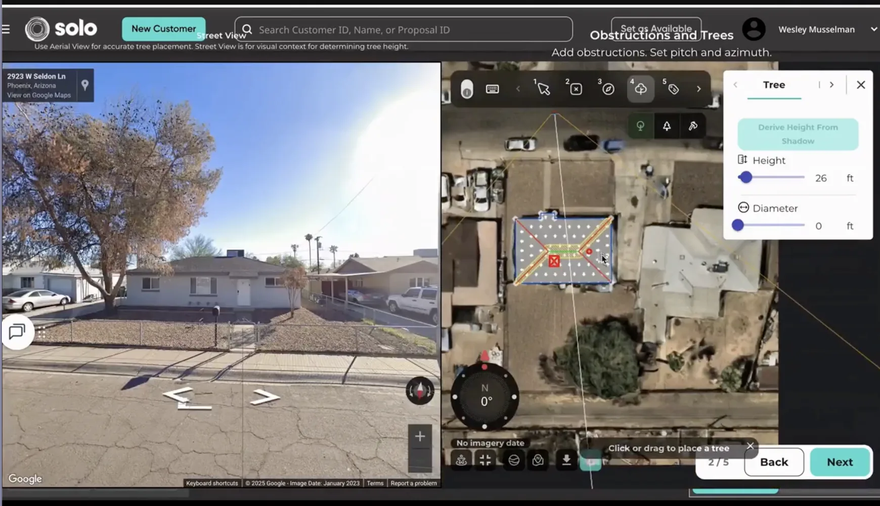 Solar Studio obstruction-mapping view showing street imagery beside an aerial roof layout with tree placement controls.