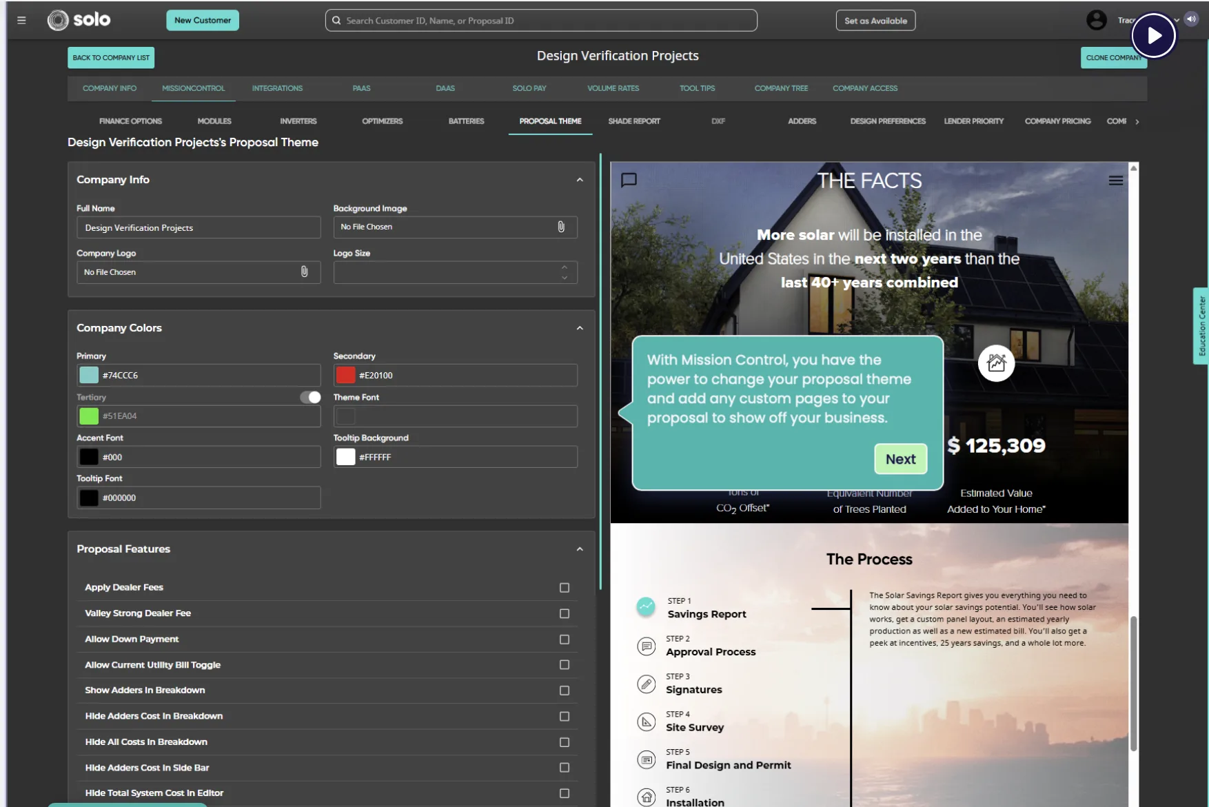 Solar Studio proposal-theme editor with company settings on the left and a live proposal preview on the right.